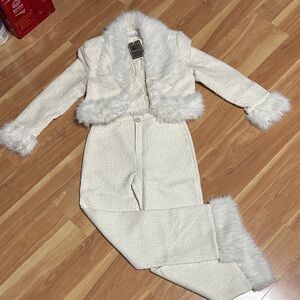 Elegant White Faux Fur Trimmed Suit